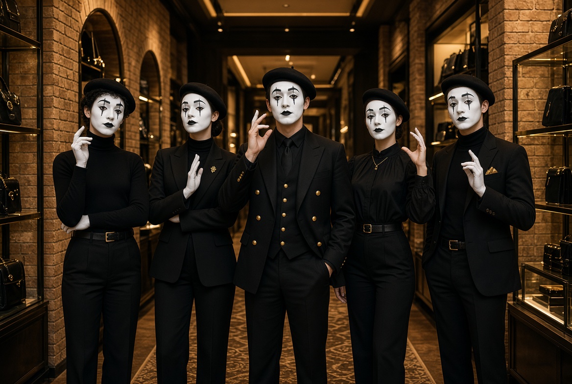 Mime troupe in a brick store