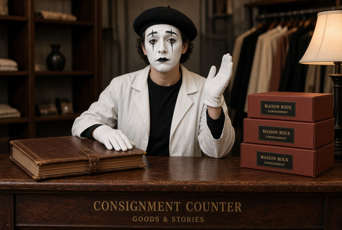 Mime at a consignment counter with one ledger