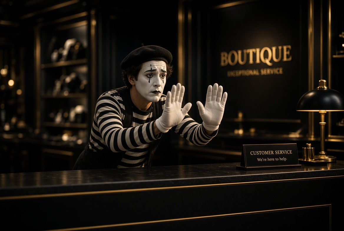 Mime behind an invisible wall at customer service