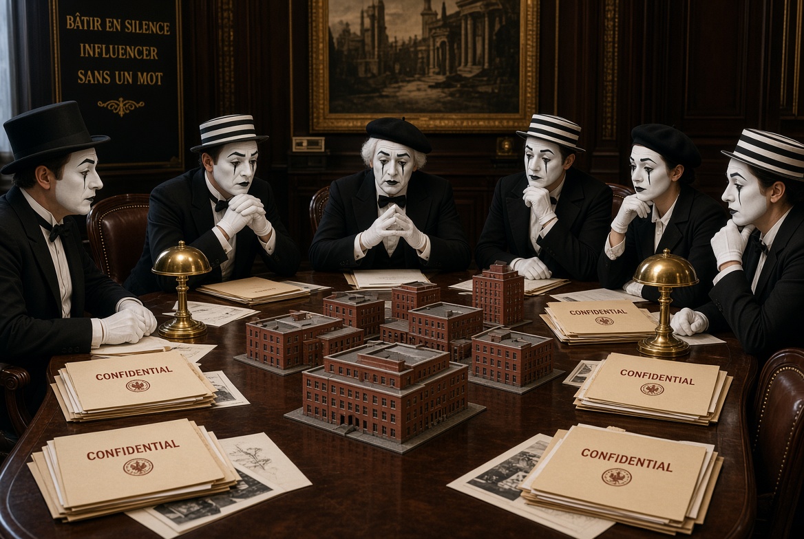 Mime partners around a briefing table of bricks