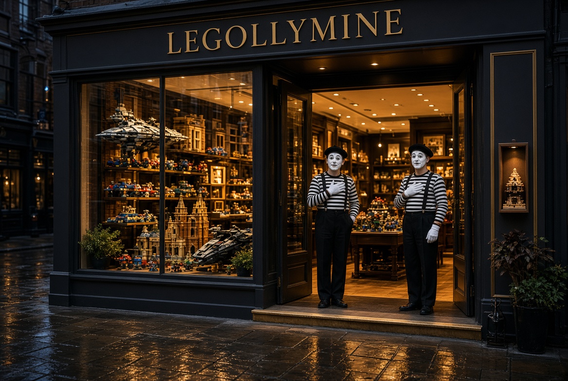 Mime-staffed brick boutique storefront at dusk